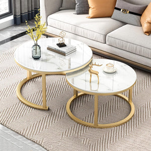 ETILAN Elegant Gold Metal Frame MDF Faux Marble top, Coffee Table Set 2 Piece, Stacking Nesting Center Table Glossy Stacking Tea Table Modernity to Any Living Room (White & Golden)