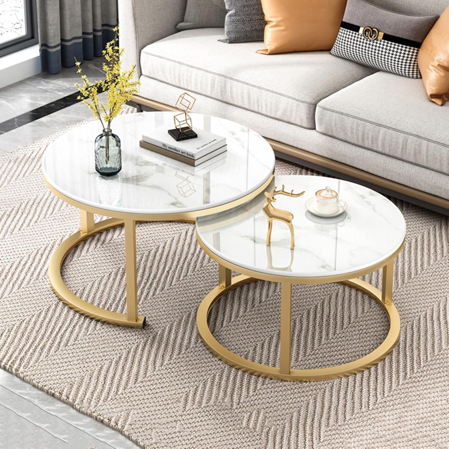 ETILAN Elegant Gold Metal Frame MDF Faux Marble top, Coffee Table Set 2 Piece, Stacking Nesting Center Table Glossy Stacking Tea Table Modernity to Any Living Room (White & Golden)