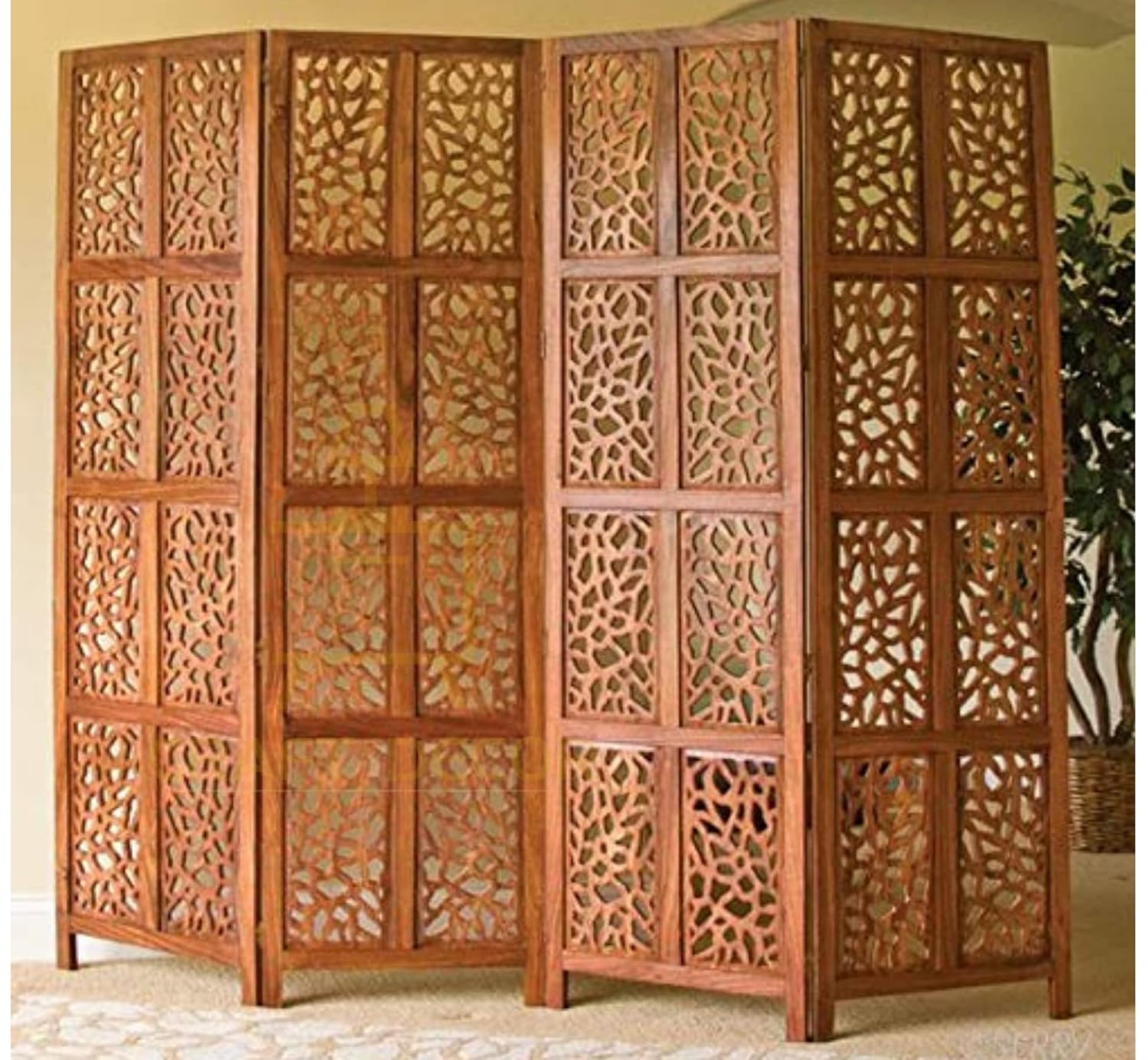 CRAFT DECOR Wooden Partition for Living Rooms, Wood Screen Separator, Wooden Room Wall Dividers 4 Wall Panel, Folding Screen for Living Rooms/Bedroom/Office/Restaurant/Pooja Room