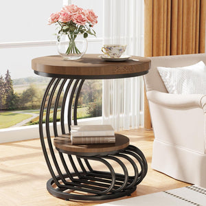 Modern Round Side Table with Marble Look Top | Gold Metal Base | 2-Tier Design | Living Room Accent Table (White Gold)
