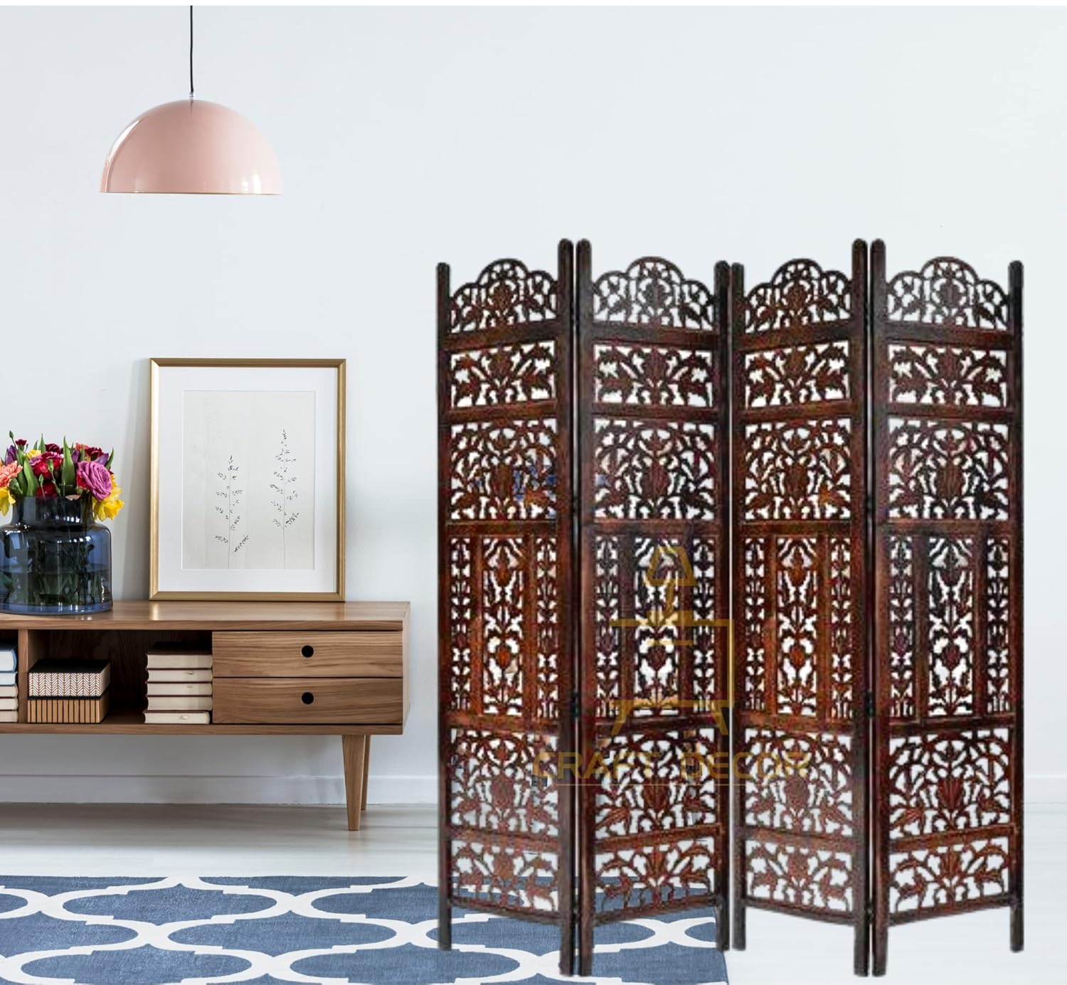 CRAFT DECOR Wooden Partition for Living Rooms, Wood Screen Separator, Wooden Room Wall Dividers 4 Wall Panels, Folding Screen for Living Room/Bedroom/Office/Restaurant/Pooja Room