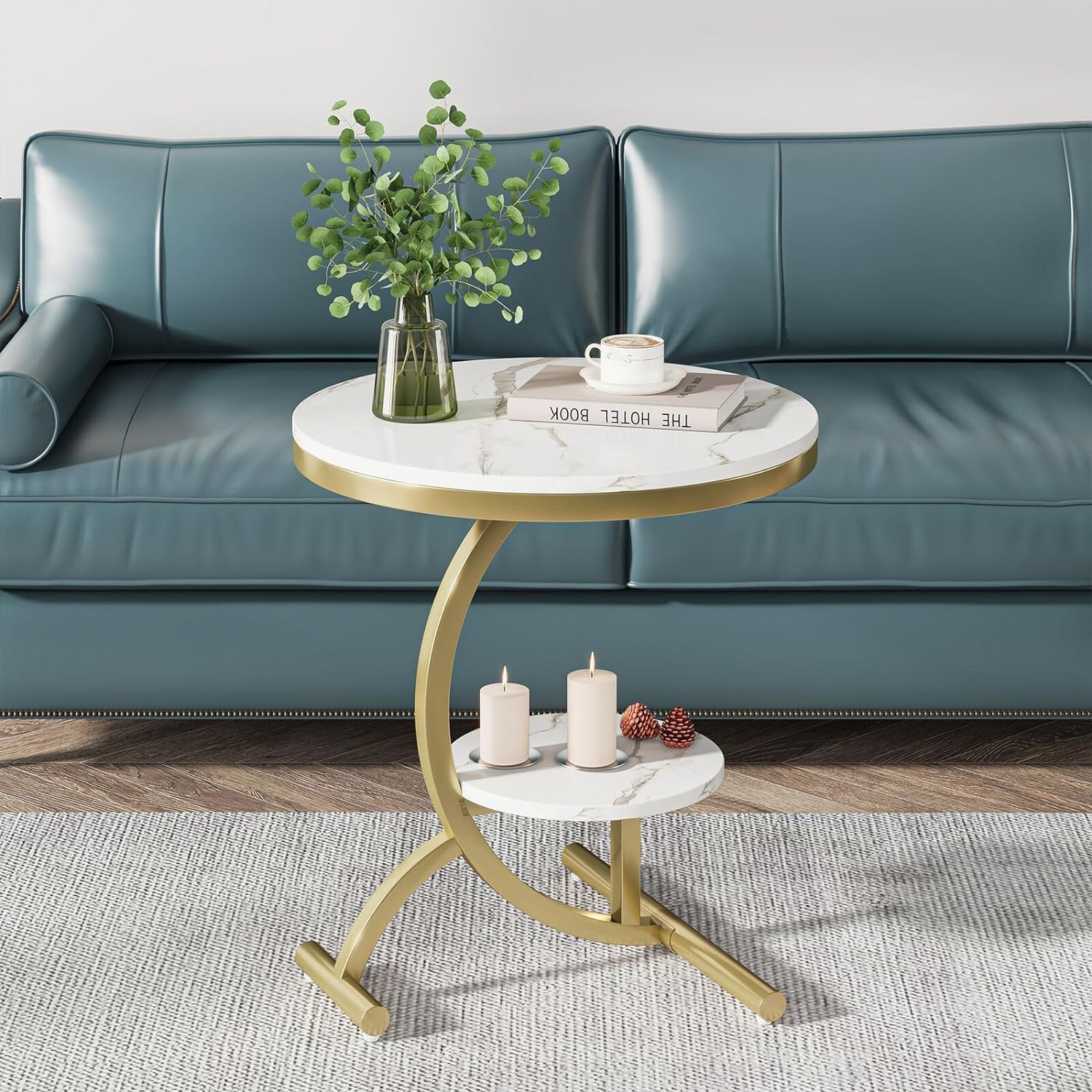 EXPRESSOW ENTERPRISES Metal End Table Round Side Table with Open Storage Shelf&Marble Look - Multi-Functional Indoor Outdoor Snacks Tea Table for Home and Living Room