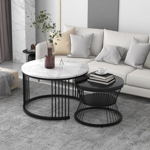 NEST NATURE HAVEN Round Coffee Table, Modern Nestings Table Set of 2, Sofa Side Table with Marble Veneer Top and Metal Frame, End Table for Living Room Bedroom Home or Office (Black White)