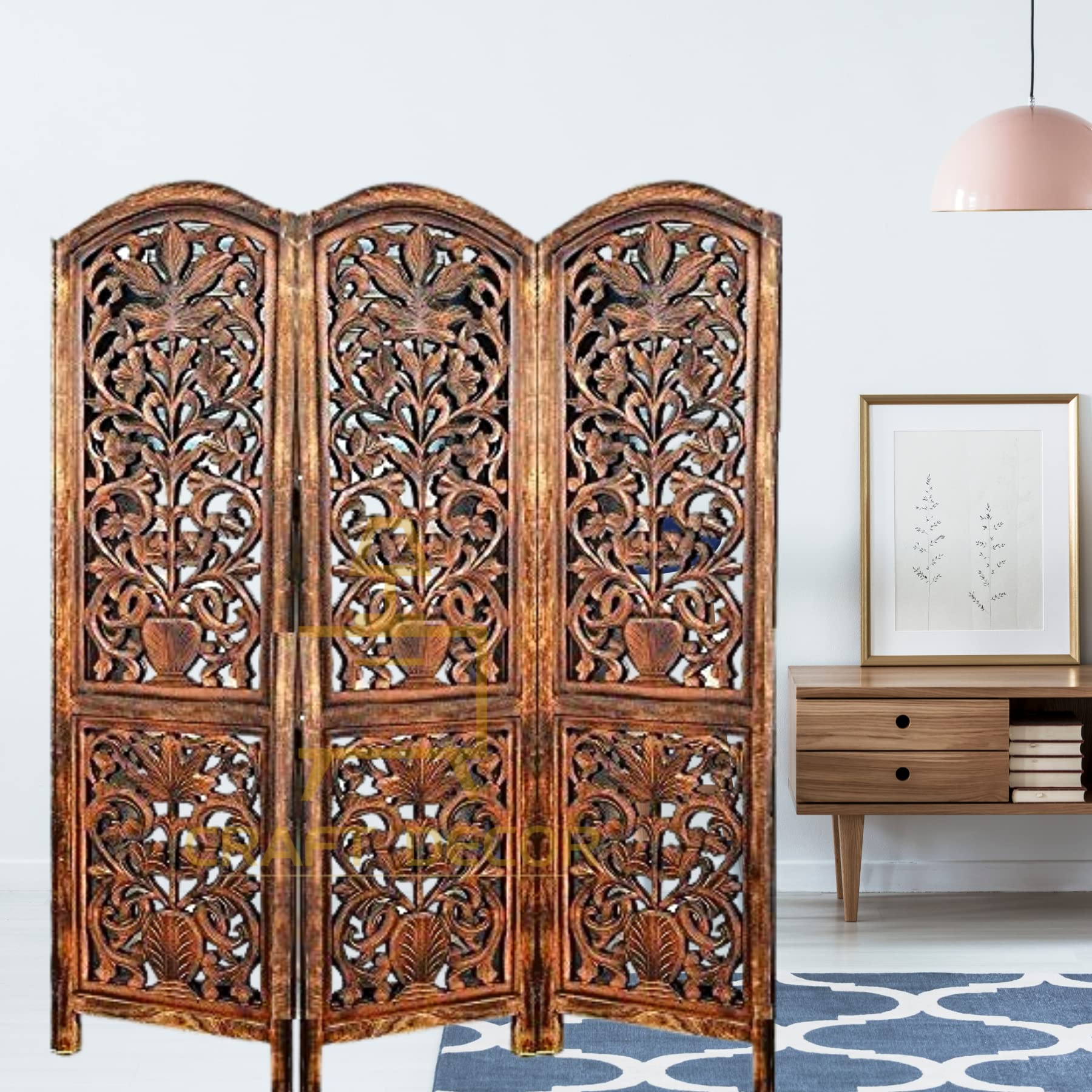 CRAFT DECOR Wooden Rooms Partitions for Living Room/Wooden Screen Separator/Room Wall Divider 3 Panels Living Room/Bedroom/Office/Restaurant/Pooja Room