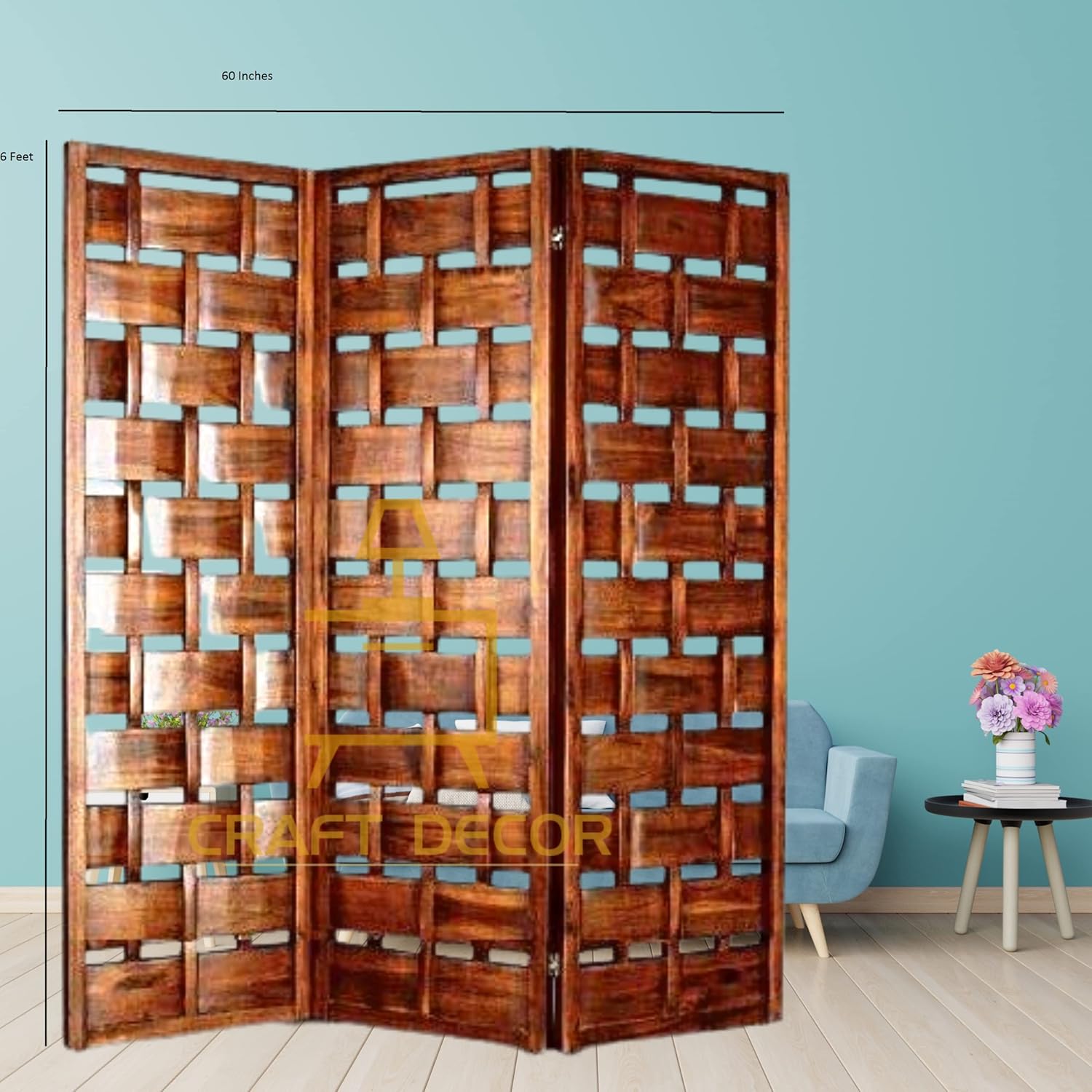 CRAFT DECOR Wooden Partition for Living Room, Wood Screen Separators, Wooden Room Wall Dividers 3 Wall Panels, Folding Screens for Living Room/Bedroom/Office/Restaurant/Pooja