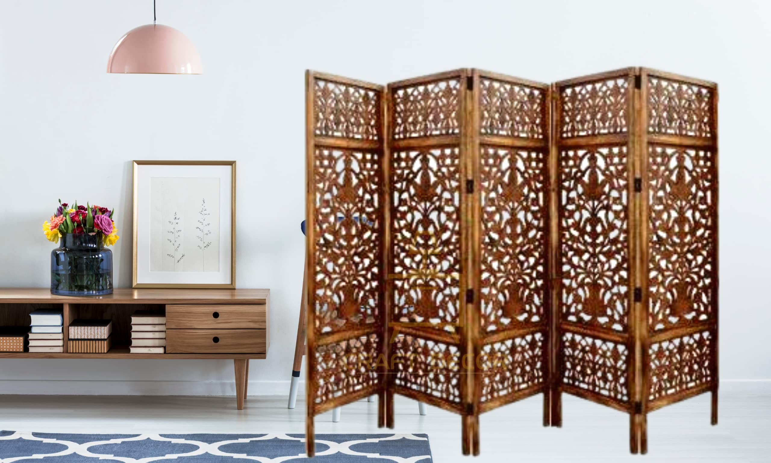 CRAFT DECOR Wooden Partition for Living Rooms, Wood Screen Separator, Wooden Rooms Wall Divider 5 Wall Panel, Folding Screen for Living Room/Bedroom/Office/Restaurant/Pooja Room