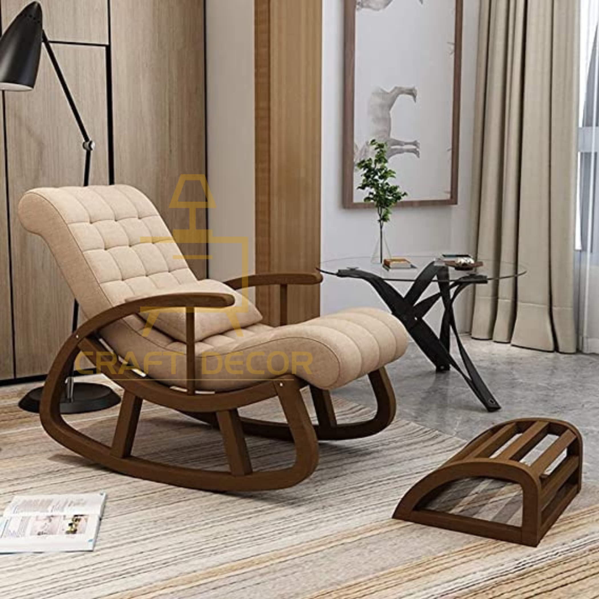 CRAFT DECOR Ergonomic Rocking Chair with Foot Rest, Relaxing Chair for Home, Rocking Chair for Adult for Home, Easy Chair for Relax for Old Age, Rose Wood Rocking Chair, Traditional Rolling Chair