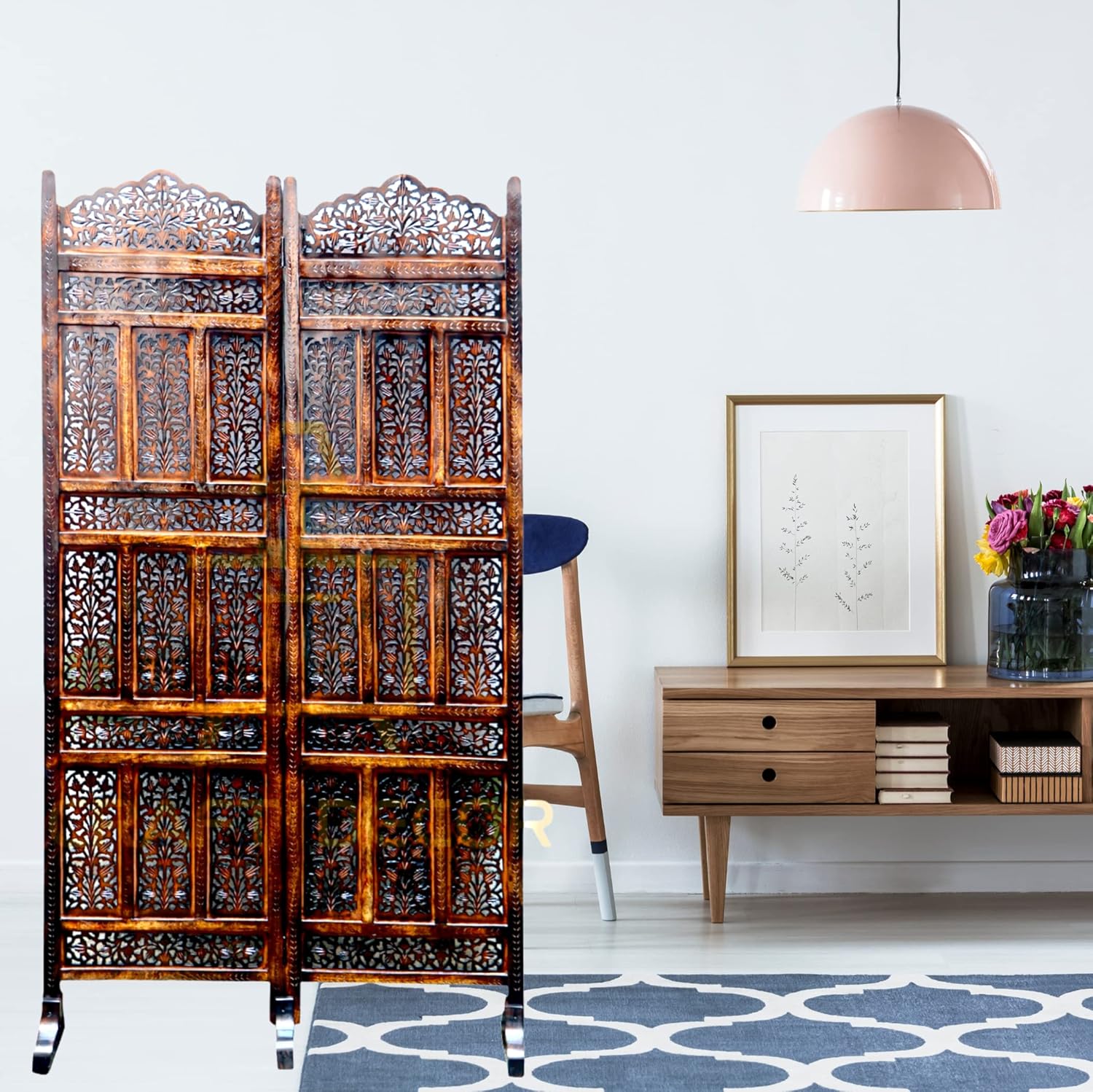 CRAFT DECOR Wooden Room Partition for Living Room with Stands / Wood Screen Separator / Room Wall Divider 2 Panels Living Room/Bedroom/Office/ Restaurant/Pooja Room