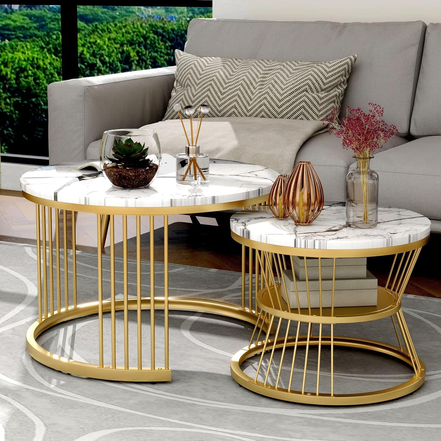 NEST NATURE HAVEN Round Coffee Table, Modern Nestings Table Set of 2, Sofa Side Table with Marble Veneer Top and Metal Frame, End Table for Living Room Bedroom Home or Office (Black White)