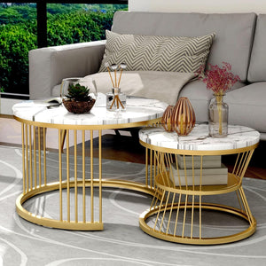 NEST NATURE HAVEN Round Coffee Table, Modern Nestings Table Set of 2, Sofa Side Table with Marble Veneer Top and Metal Frame, End Table for Living Room Bedroom Home or Office (Black White)