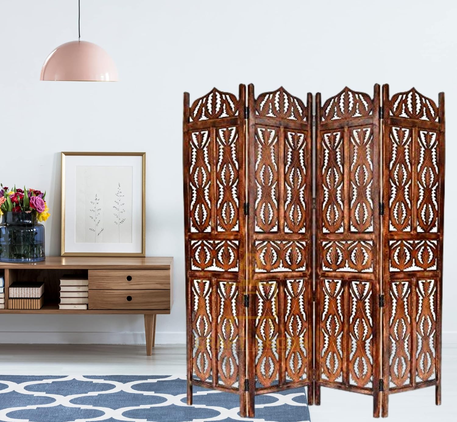 CRAFT DECOR Wooden Partition for Living Room, Wood Screen Separator, Wooden Rooms Wall Divider 4 Wall Panels, Folding Screen for Living Rooms/Bedroom/Office/Restaurant/Pooja Room