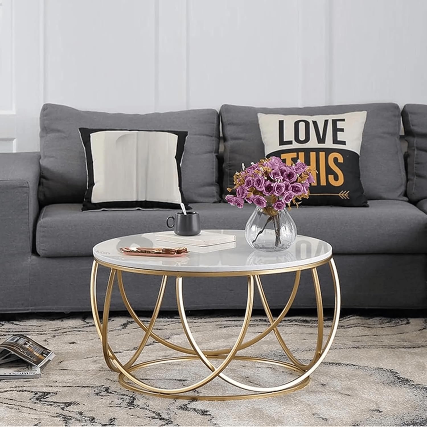 CRAFT DECOR Gilded Globe Design Round Coffee Table with Marble Top-Like Finish Combines Contemporary Design with Timeless Charm to Elevate Any Room