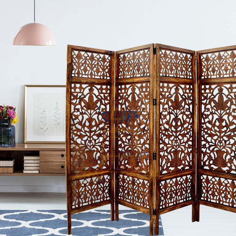 CRAFT DECOR Wooden Partition for Living Rooms, Wood Screen Separator, Wooden Rooms Wall Divider 4 Wall Panels, Folding Screen for Living Room/Bedroom/Office/Restaurant/Pooja Room
