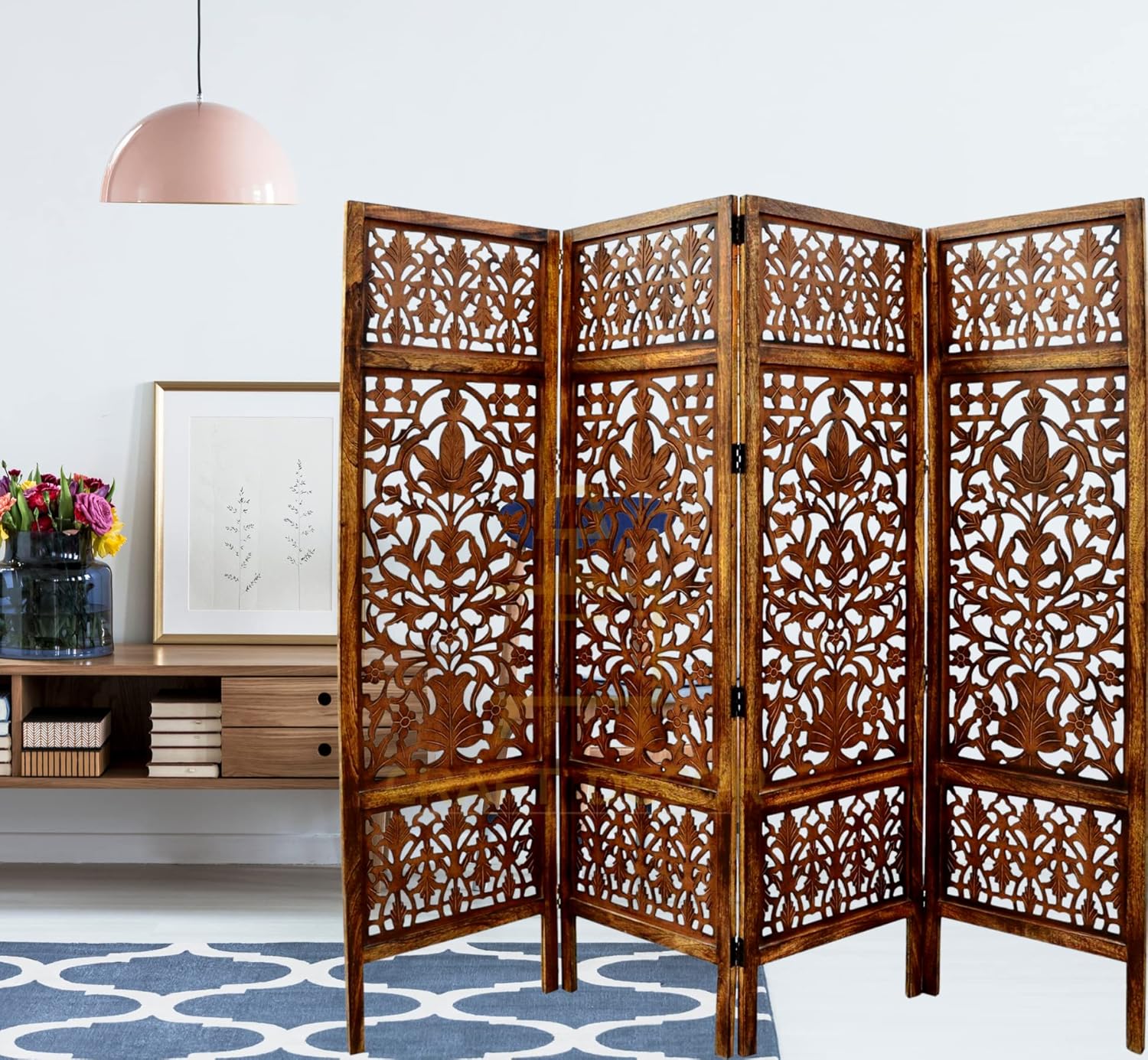CRAFT DECOR Wooden Partition for Living Rooms, Wood Screen Separator, Wooden Rooms Wall Divider 4 Wall Panels, Folding Screen for Living Room/Bedroom/Office/Restaurant/Pooja Room