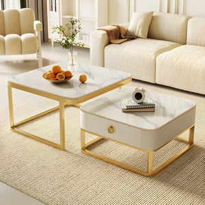 EXPRESSOW ENTERPRISES Metal Frame 20X20 Square Set of 2 Coffee Tables, Stacking Center Tables with Minimalist Marbles Look and Storage Drawer for Living Room Bedroom or Apartments (Golden)