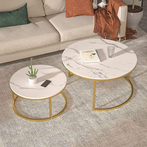 ETILAN Elegant Gold Metal Frame MDF Faux Marble top, Coffee Table Set 2 Piece, Stacking Nesting Center Table Glossy Stacking Tea Table Modernity to Any Living Room (White & Golden)
