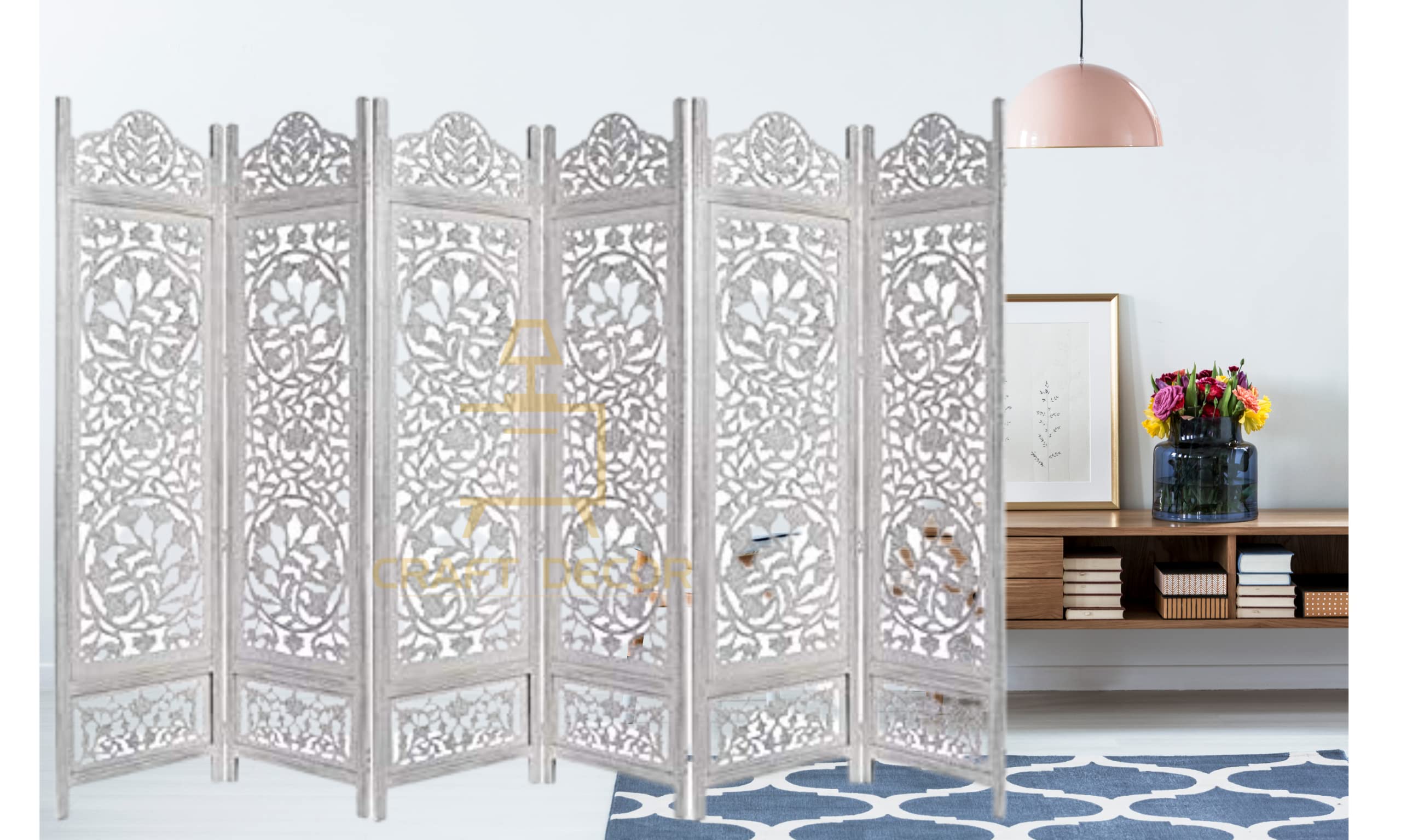 CRAFT DECOR Wooden Partition for Living Rooms, Wood Screen Separator, Wooden Room Wall Divider 6 Wall Panels, Folding Screen for Living Room/Bedroom/Office/Restaurant/Pooja Room