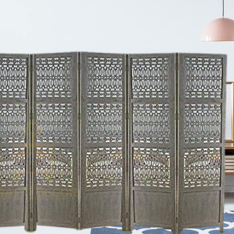 CRAFT DECOR Wooden Partition for Living Room, Wood Screen Separators, Wooden Room Wall Divider 6 Wall Panels, Folding Screen for Living Room/Bedroom/Office/Restaurant/Pooja (Grey)