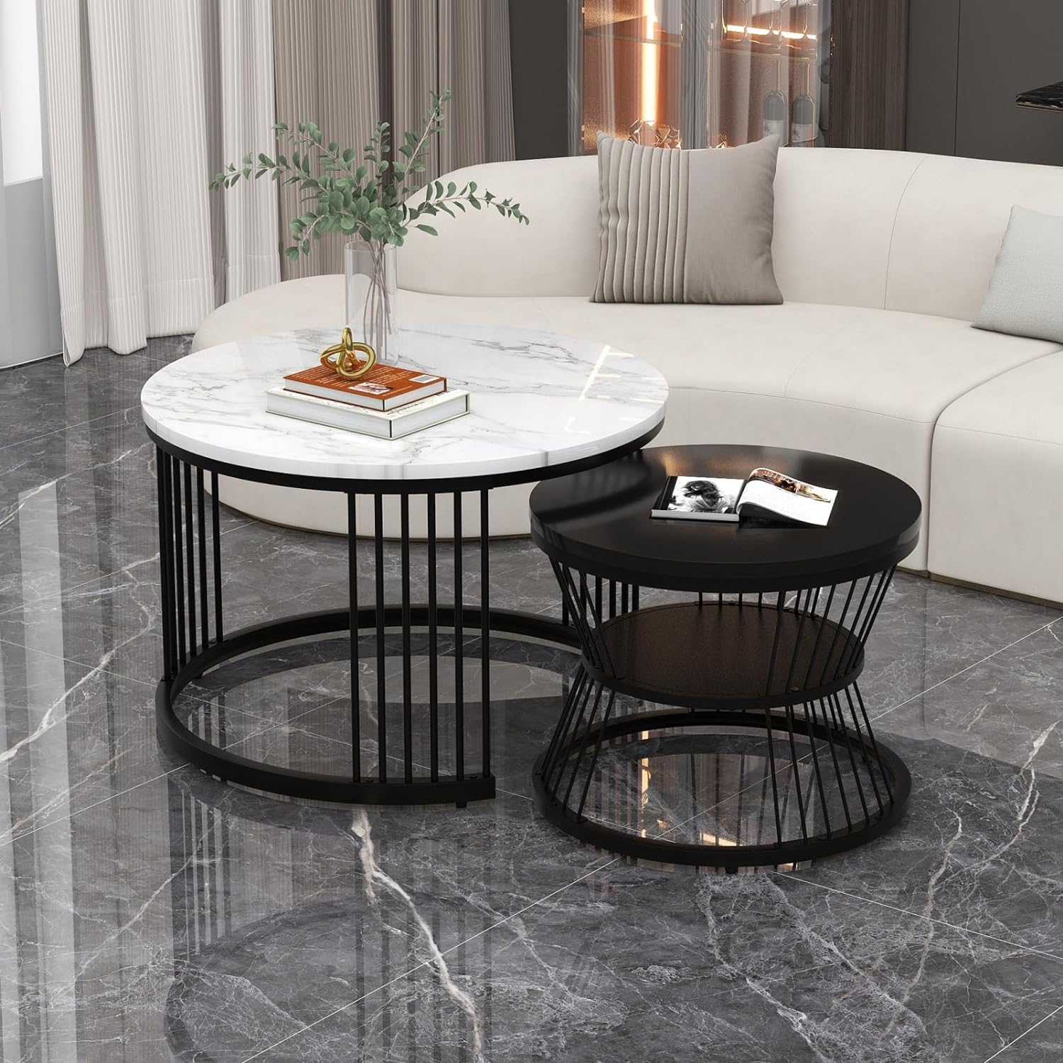 NEST NATURE HAVEN Round Coffee Table, Modern Nestings Table Set of 2, Sofa Side Table with Marble Veneer Top and Metal Frame, End Table for Living Room Bedroom Home or Office (Black White)
