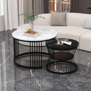 NEST NATURE HAVEN Round Coffee Table, Modern Nestings Table Set of 2, Sofa Side Table with Marble Veneer Top and Metal Frame, End Table for Living Room Bedroom Home or Office (Black White)