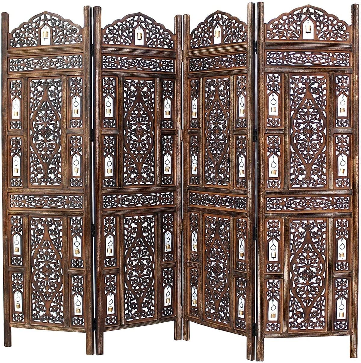 CRAFT DECOR Wooden partition with Bells for Living Room | Wood Screen for Pooja Room | Hall Partition | Separator for Living Room | Modern Decorative Wall Divider | Folding Door Screen Kitchen | Foldable Panel for Living Room/Office/Restaurant/Pooja Room