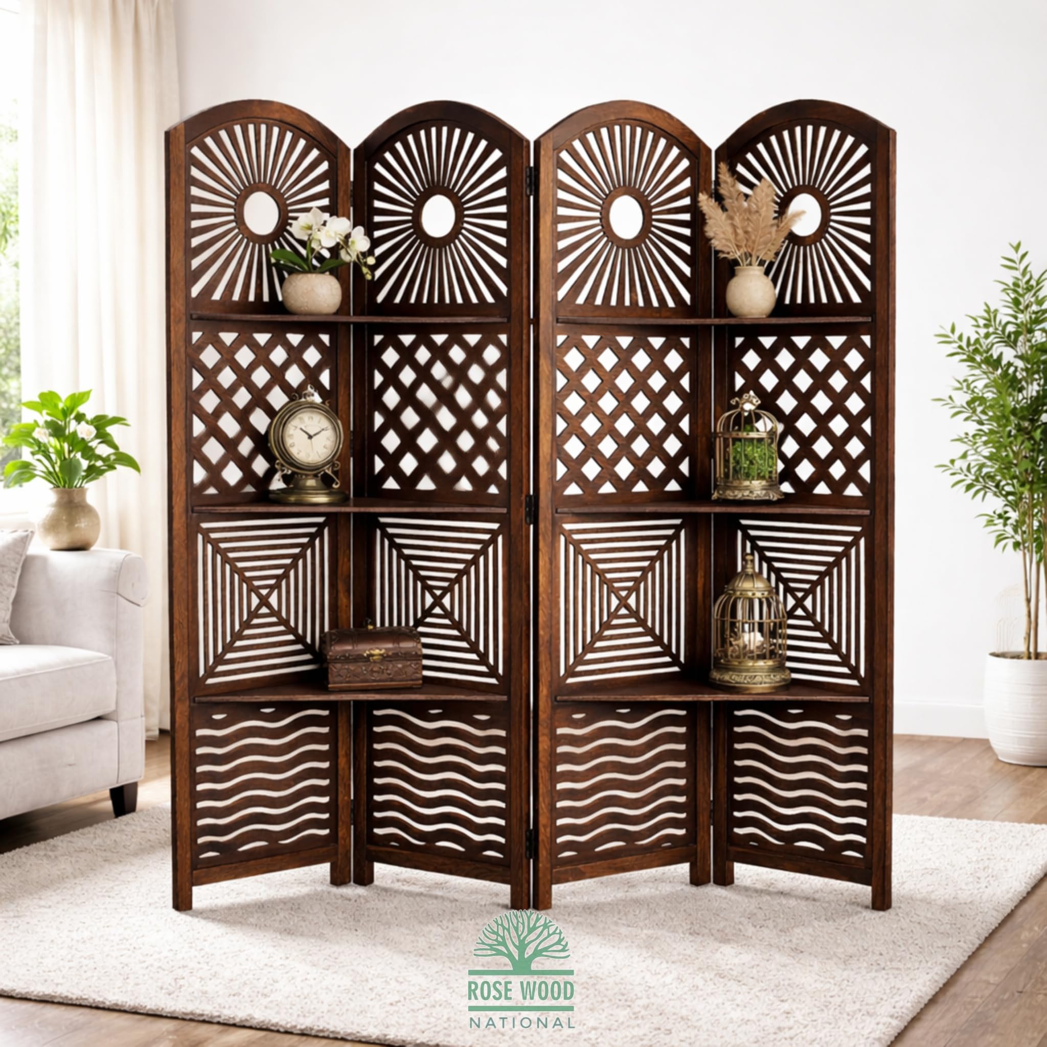 Wooden Room Divider 6 Feet, 4-Panel Folding Wooden Partition for Living Room, Office, Pooja Room, Restaurant, Kitchen & Balcony (2W x 1.82H Meters). (White-Cone Pattern)