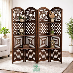 Wooden Room Divider 6 Feet, 4-Panel Folding Wooden Partition for Living Room, Office, Pooja Room, Restaurant, Kitchen & Balcony (2W x 1.82H Meters). (White-Cone Pattern)