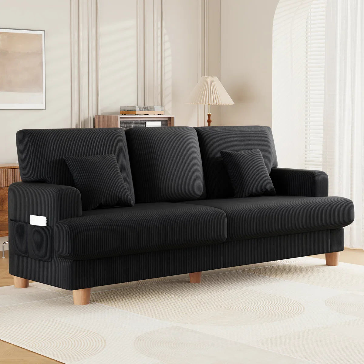 Corduroy Sofa with 3 Seats No Tool Assembly Solid Wood Frame and Solid Wood Legs