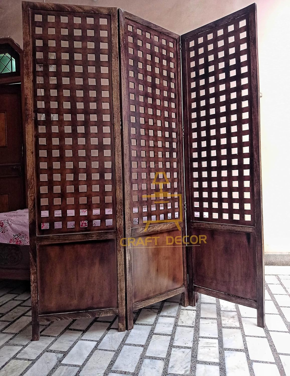 CRAFT DECOR Wooden Room Partition for Living Rooms / Antique Wooden Screen Separator / Wooden Room Divider /Wooden 3 Panels for Living Room/Bedroom/Office/ Restaurant/Home/Pooja Room