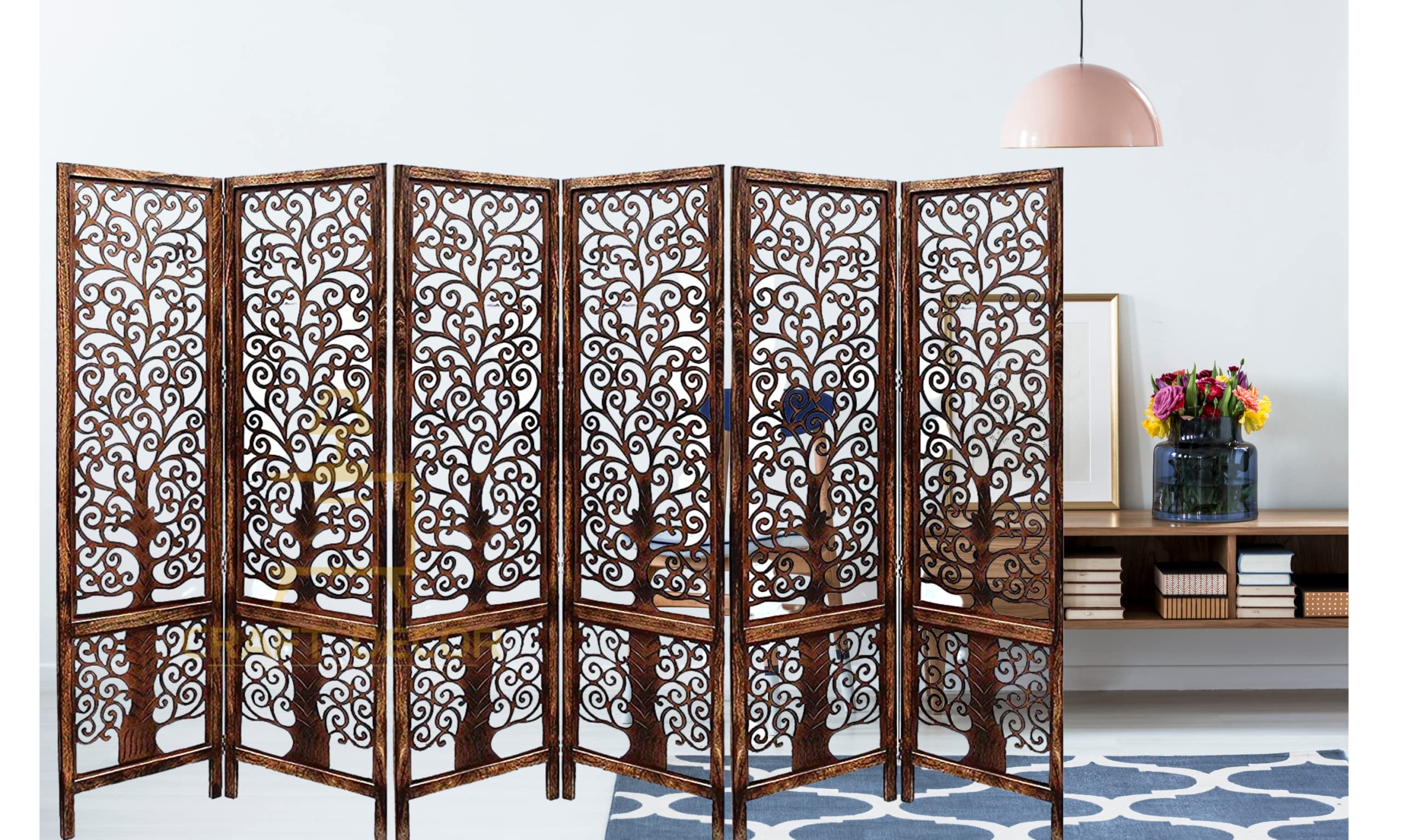 CRAFT DECOR Wooden Partition for Living Room, Wood Screen Separators, Wooden Rooms Wall Divider 6 Wall Panels, Folding Screen for Living Room/Bedroom/Office/Restaurant/Pooja Room