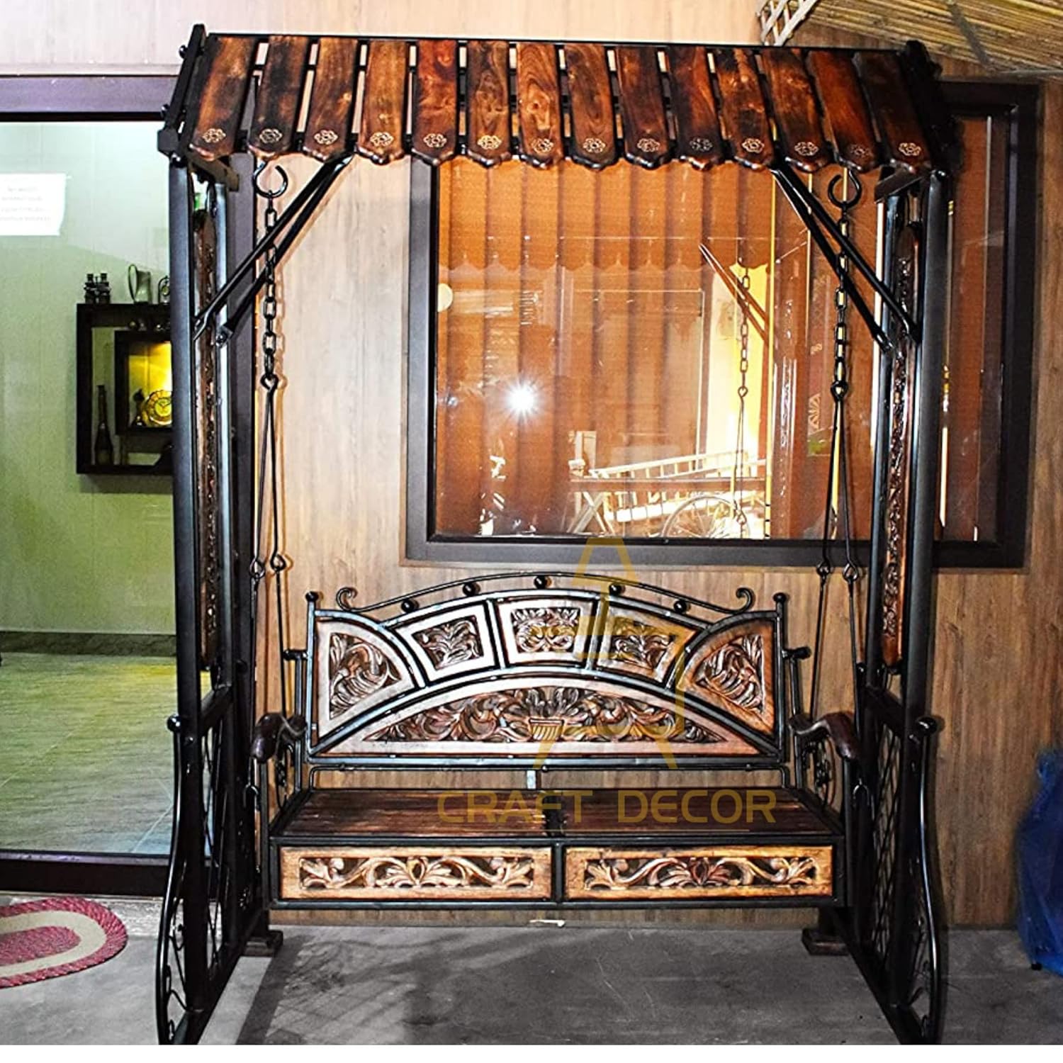 CRAFT DECOR Swing Chairs For Balcony With Stands , Swing Chair Jhoola For Indoor And Outdoor Garden With Wooden Roof, Solid Wood And Wrought Iron Jhoola For Balcony, Hammock Swing , Cradle Swing For Home And Garden