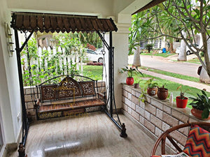 CRAFT DECOR Swing Chairs For Balcony With Stands , Swing Chair Jhoola For Indoor And Outdoor Garden With Wooden Roof , Solid Wood And Wrought Iron Jhoola For Balcony , Hammock Swing , Cradle Swing For Home And Garden