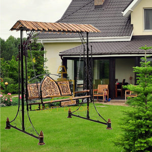 CRAFT DECOR Swing Chairs For Balcony With Stands , Swing Chair Jhoola For Indoor And Outdoor Garden With Wooden Roof , Solid Wood And Wrought Iron Jhoola For Balcony , Hammock Swing , Cradle Swing For Home And Garden