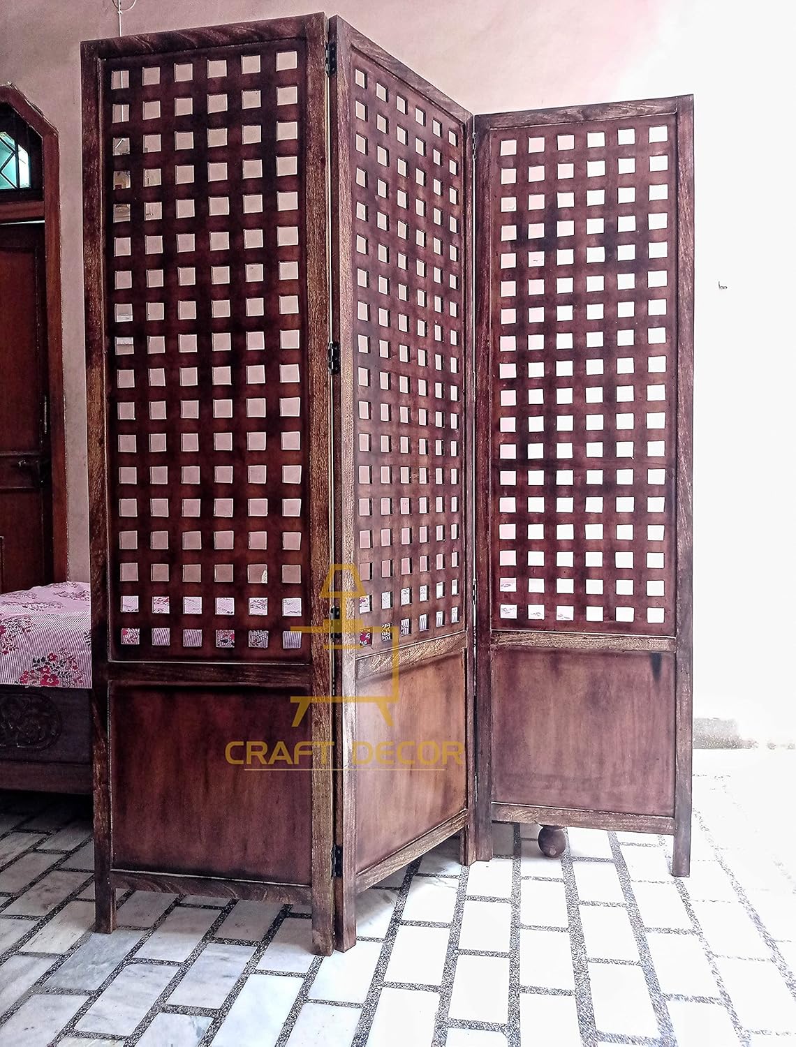 CRAFT DECOR Wooden Room Partition for Living Rooms / Antique Wooden Screen Separator / Wooden Room Divider /Wooden 3 Panels for Living Room/Bedroom/Office/ Restaurant/Home/Pooja Room