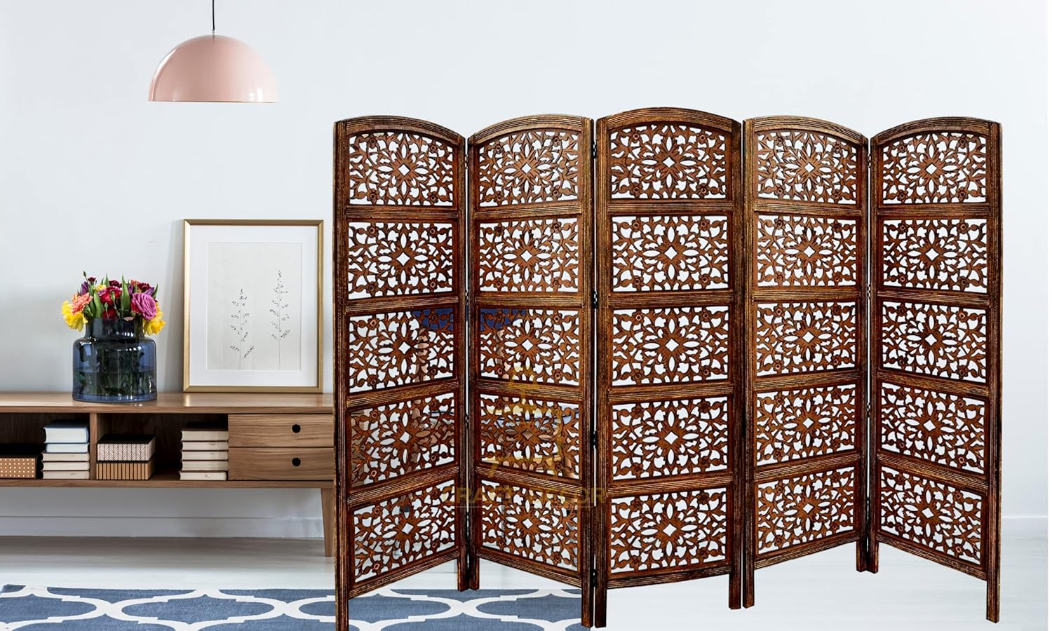 CRAFT DECOR Wooden Partition for Living Room, Wood Screen Separators, Wooden Room Wall Dividers 5 Wall Panel, Folding Screen for Living Room/Bedroom/Office/Restaurant/Pooja
