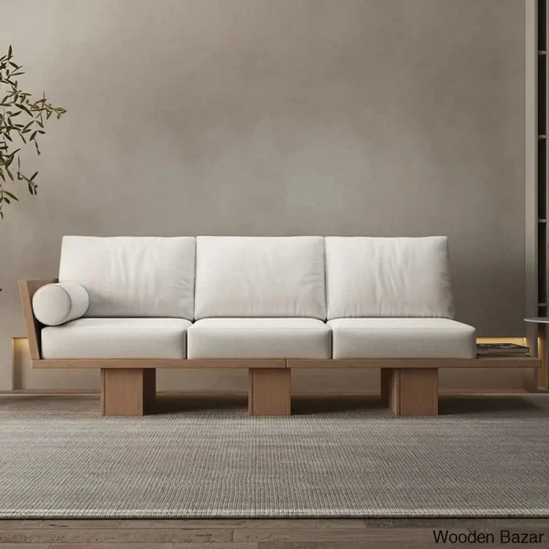 97" Walnut Japandi Solid Wood Living Room Sofa 3-Seater Cotton & Linen Upholstery - Wooden Bazar
