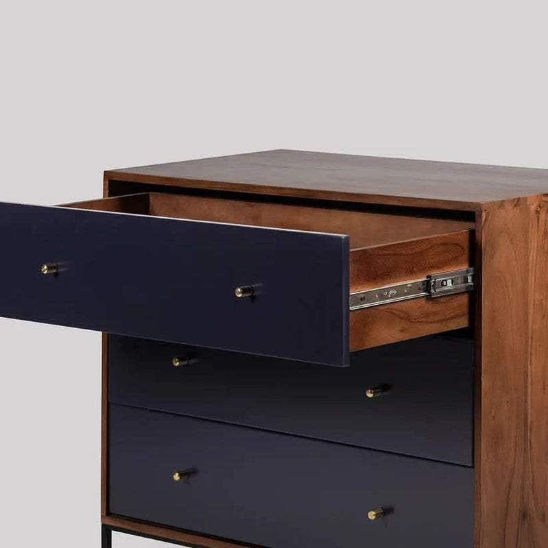 Modern Sheesham Wood 3-Drawer Chest with Midnight Blue Front & Metal Legs