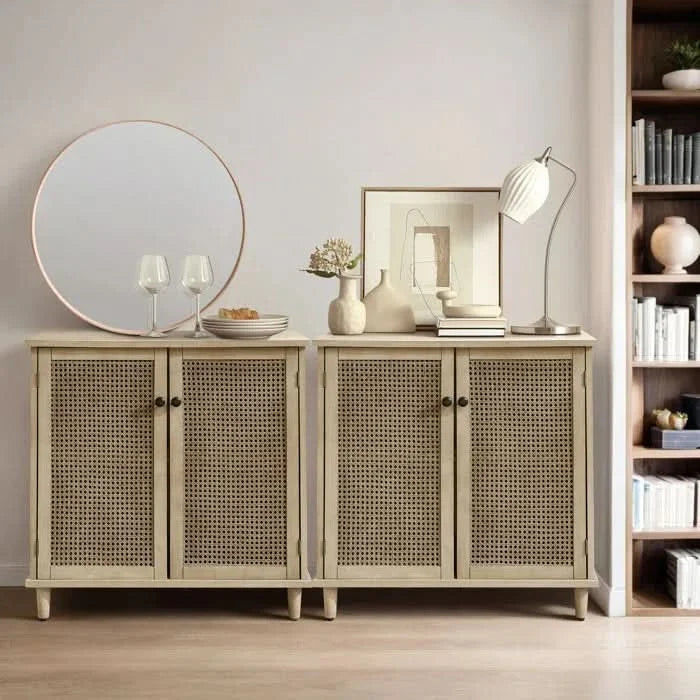 63'' Wide 4 - Cane Rattan Door Storage Sideboard with Solid Wood Legs