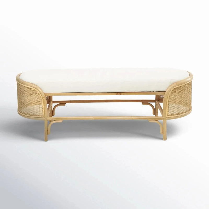 Brown Rattan Handmade Oval Bench with White Fabric Cushion