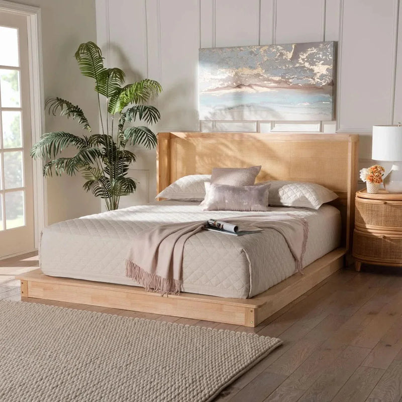 Natural Brown Wood Queen Size Platform Bed With Woven Rattan