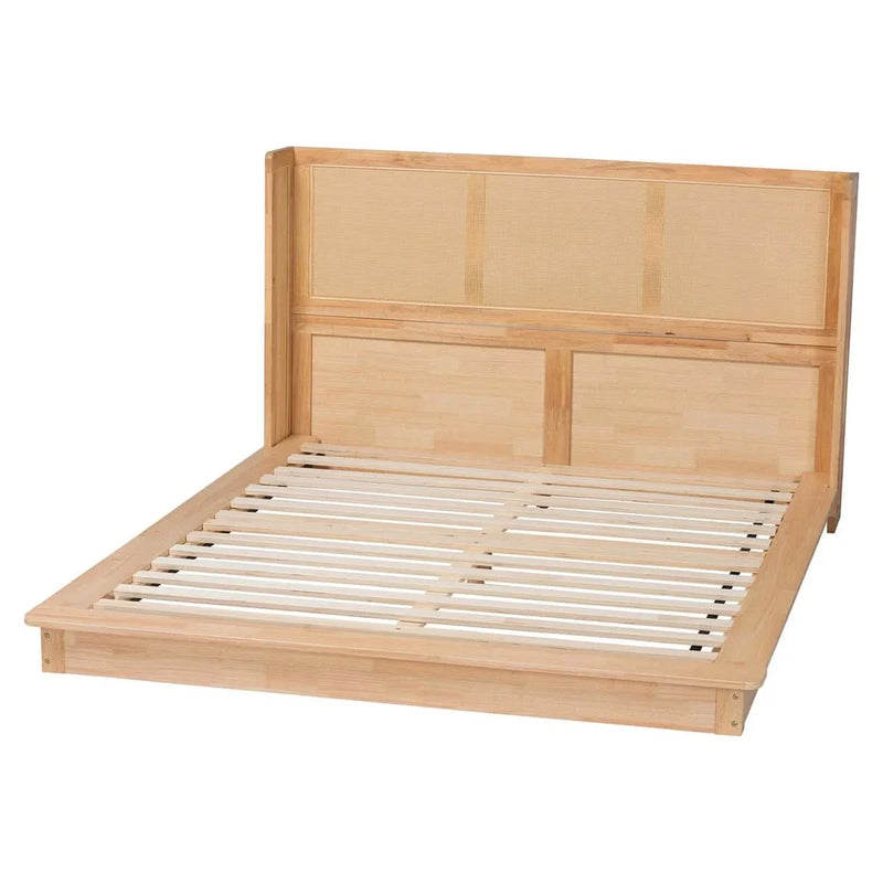 Natural Brown Wood Queen Size Platform Bed With Woven Rattan