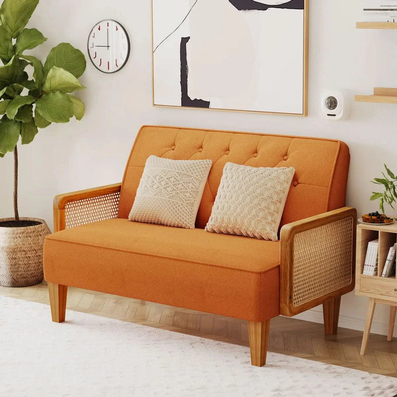 Modern Coastal Loveseat – Linen Fabric Sofa with Rattan Arms