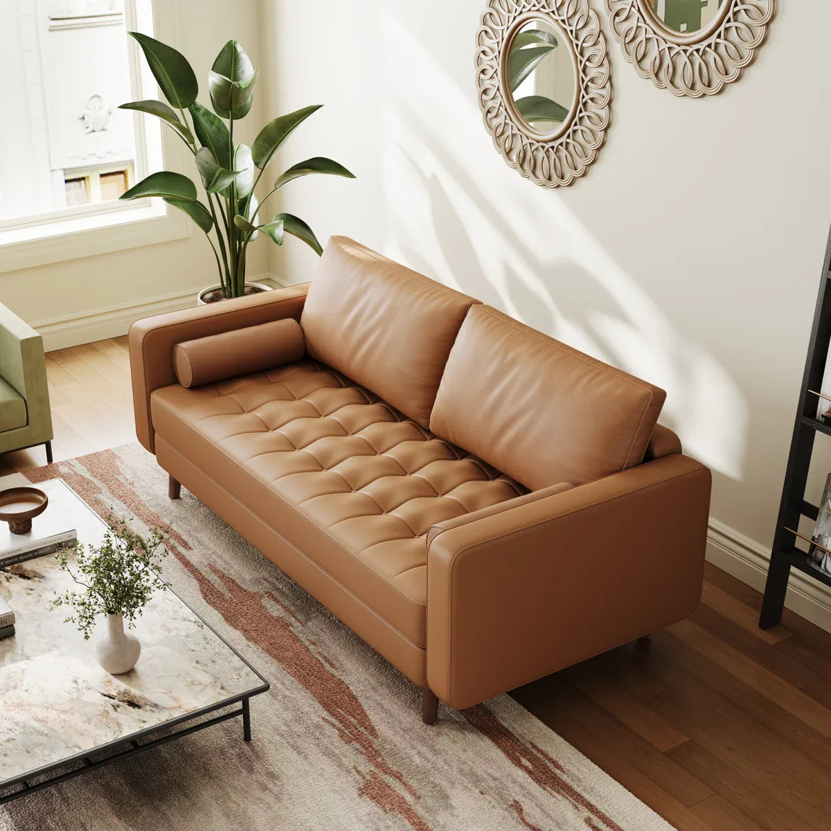 Leather Mid Century Modern Upholstered Square Arm Sofa and Loveseat