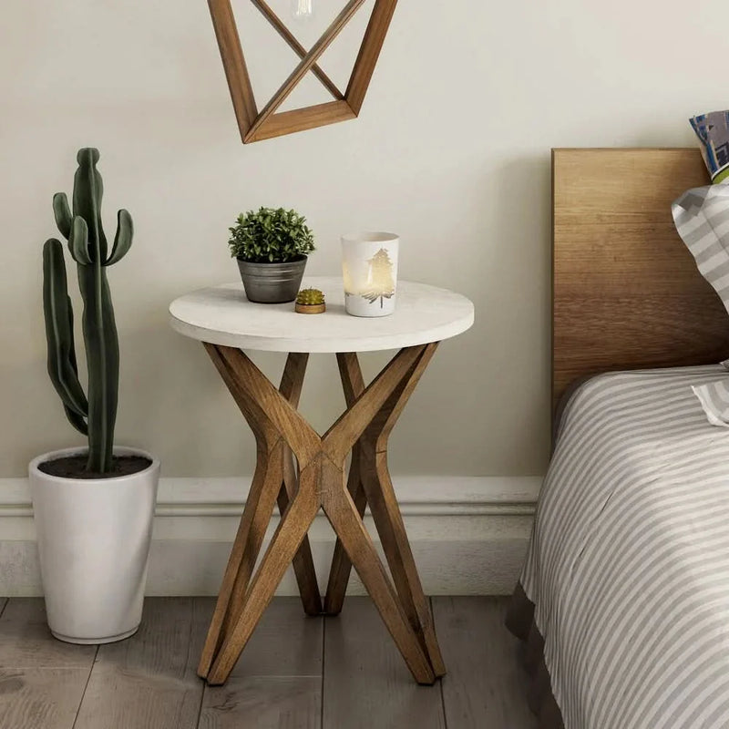 Samir Pedestal Farmhouse End Table, Distressed Top with Base for Modern Farmhouse