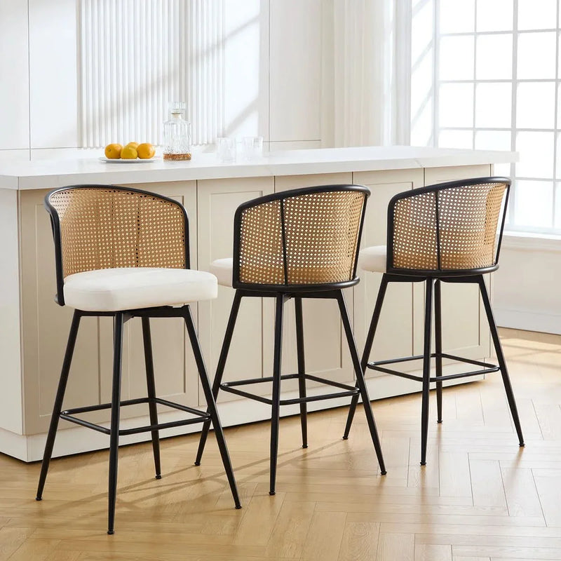 Cane Back Swivel Upholstered Stool (Set of 3)