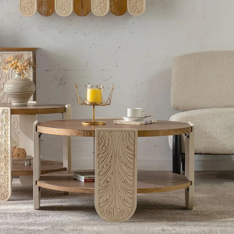 Carved Wooden Coffee Table with Retro Design and Double-Layer Storage