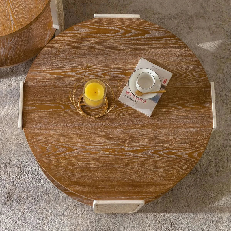 Carved Wooden Coffee Table with Retro Design and Double-Layer Storage