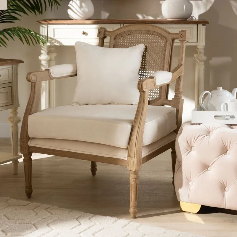 French Provincial Armchair – Whitewashed Wood with Upholstered Seat