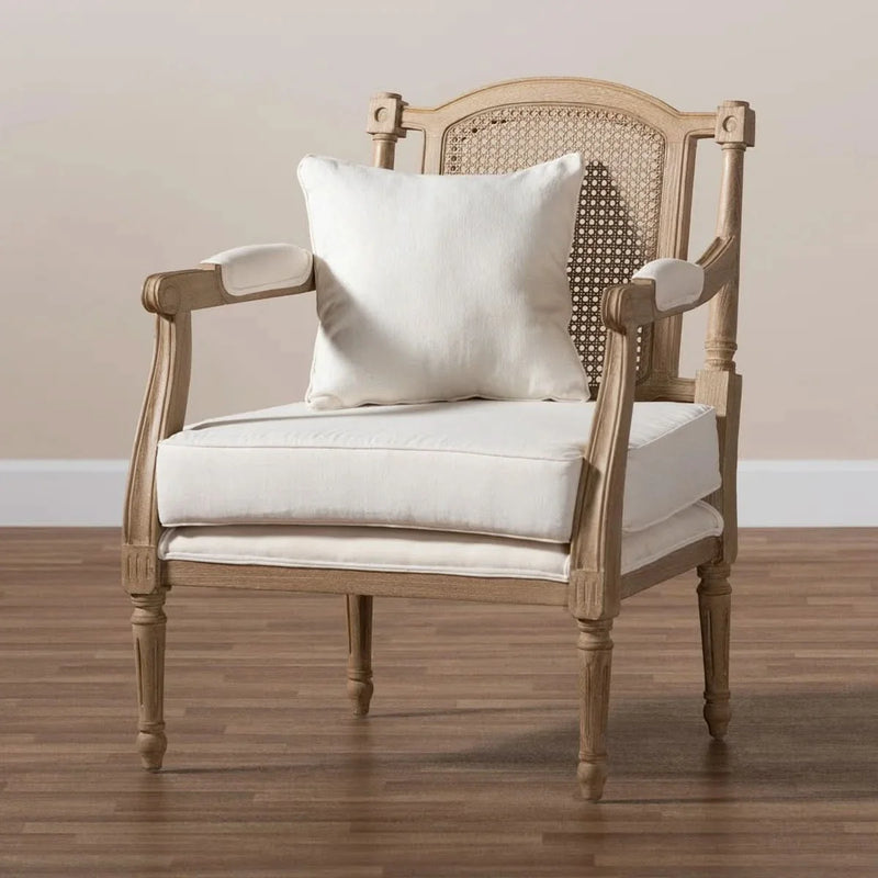 French Provincial Armchair – Whitewashed Wood with Upholstered Seat