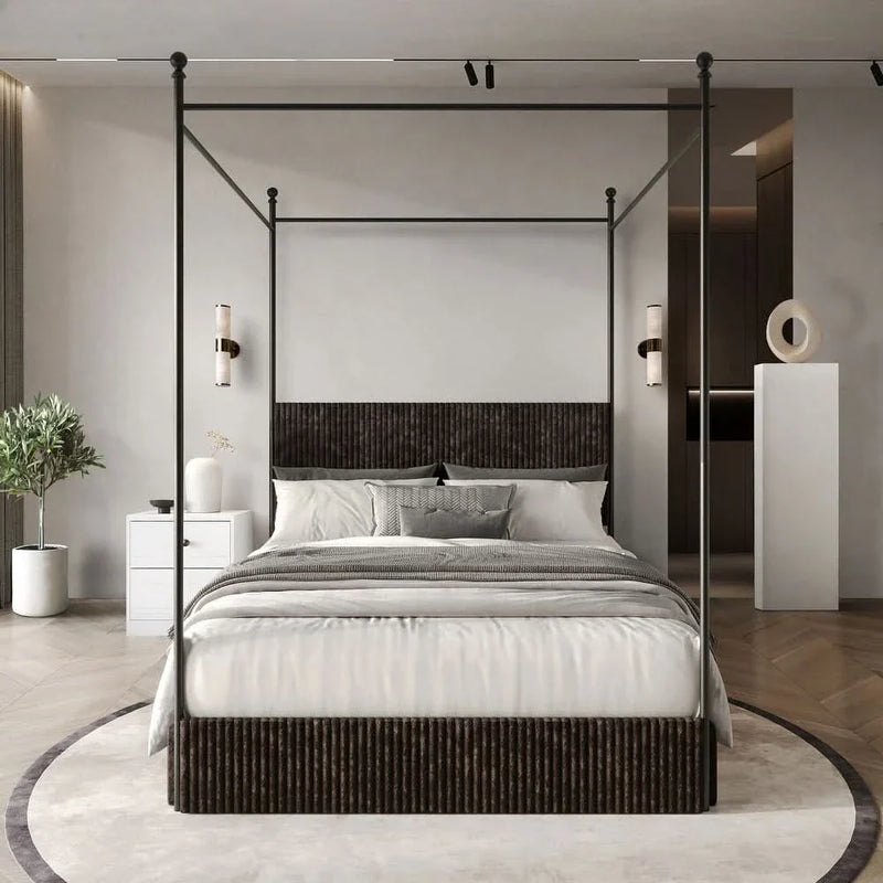 WoodenBazar Luxury Metal Canopy Bed with Velvet Upholstery & Storage Drawers – Modern Elegance
